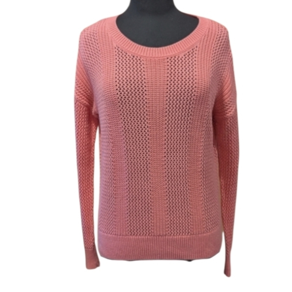 GAP Coral Pink Knit Women's Sweater Medium Cozy Soft Crochet Open Knit Pullover